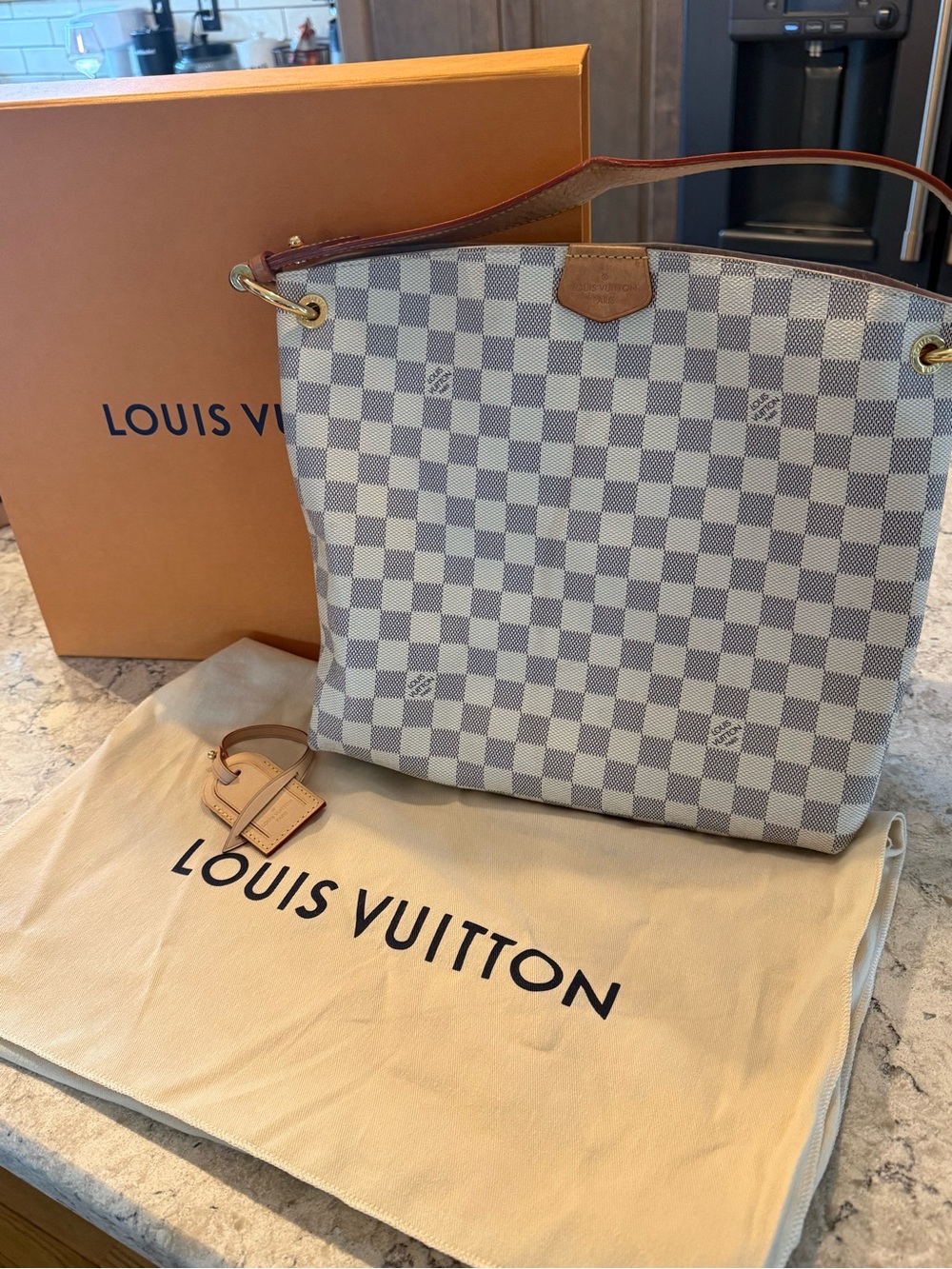 Louis Vuitton Damier Azur Canvas Shoulder Tote in Cream and Blue